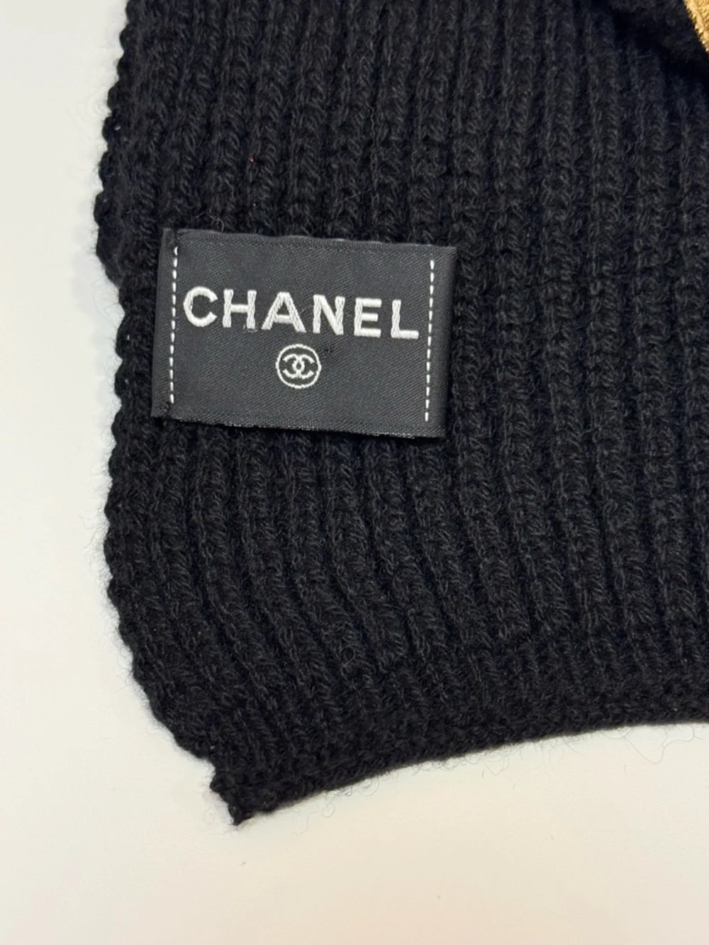 CHANEL Black Cashmere Logo Scarf Embroidered Sequin Cursive Logo-Season 2022